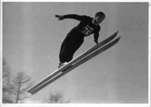 Peppi setting his personal best ski jump of 70m  in 1939 - on pure wooden skis!  (photo courtesy of Martin Jennewein)