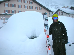 Malcolm Sangster of Sherpa's cinema checking out nearly two metre's of snow in Stuben last week.